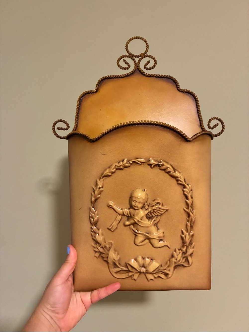 Southern Living At Home Tan Cherub Wall Pocket with Rope Trim